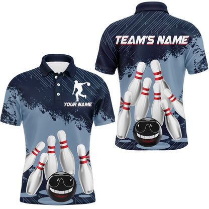 Custom Bowling Polo Shirts, Funny Bowling Shirt For Men Custom Navy Bowling Team League Jersey Bowling Polo Shirt