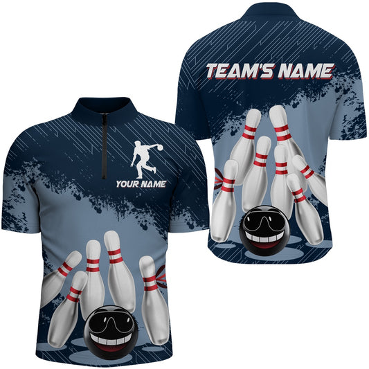 Custom Bowling Polo Shirts, Funny Bowling Shirt For Men Custom Navy Bowling Team League Jersey Bowling Zip Shirt
