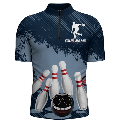 Custom Bowling Polo Shirts, Funny Bowling Shirt For Men Custom Navy Bowling Team League Jersey Bowling Zip Shirt