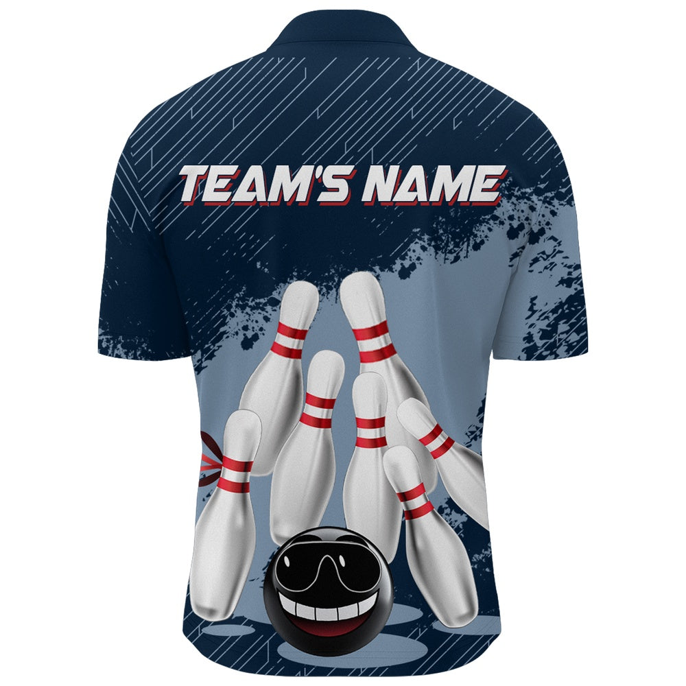 Custom Bowling Polo Shirts, Funny Bowling Shirt For Men Custom Navy Bowling Team League Jersey Bowling Zip Shirt