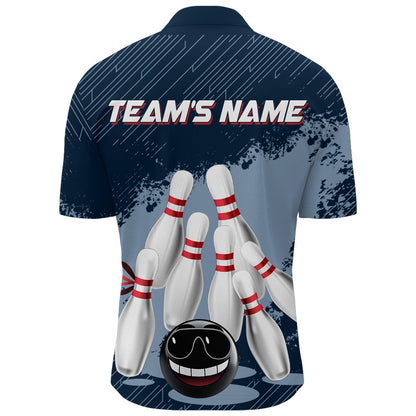 Custom Bowling Polo Shirts, Funny Bowling Shirt For Men Custom Navy Bowling Team League Jersey Bowling Zip Shirt