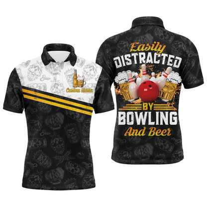 Custom Bowling Polo Shirts, Funny Bowling Shirt For Men Easily Distracted By Bowling And Beer Custom Bowling Polo Jersey