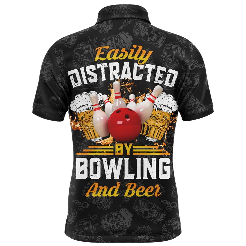 Custom Bowling Polo Shirts, Funny Bowling Shirt For Men Easily Distracted By Bowling And Beer Custom Bowling Polo Jersey