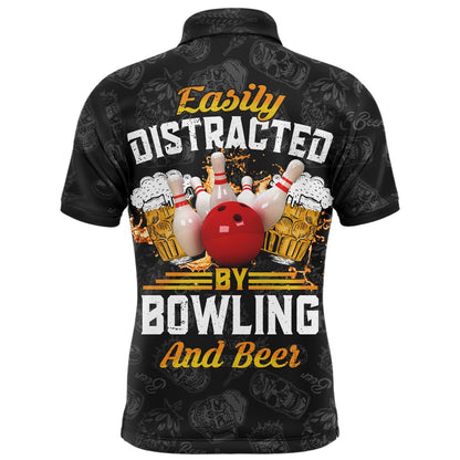 Custom Bowling Polo Shirts, Funny Bowling Shirt For Men Easily Distracted By Bowling And Beer Custom Bowling Polo Jersey