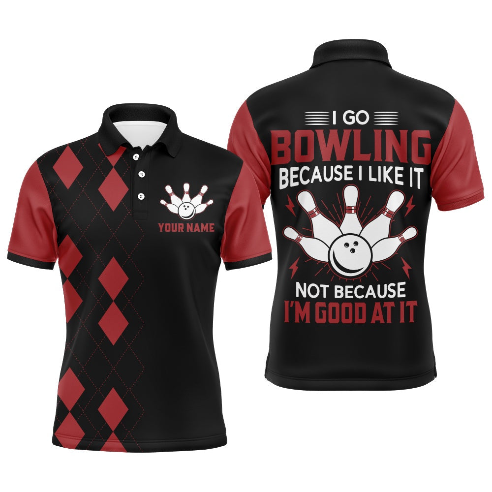 Custom Bowling Polo Shirts, Funny Bowling Shirt For Men Personalized Name Black & Red Argyle Bowler Polo Jersey