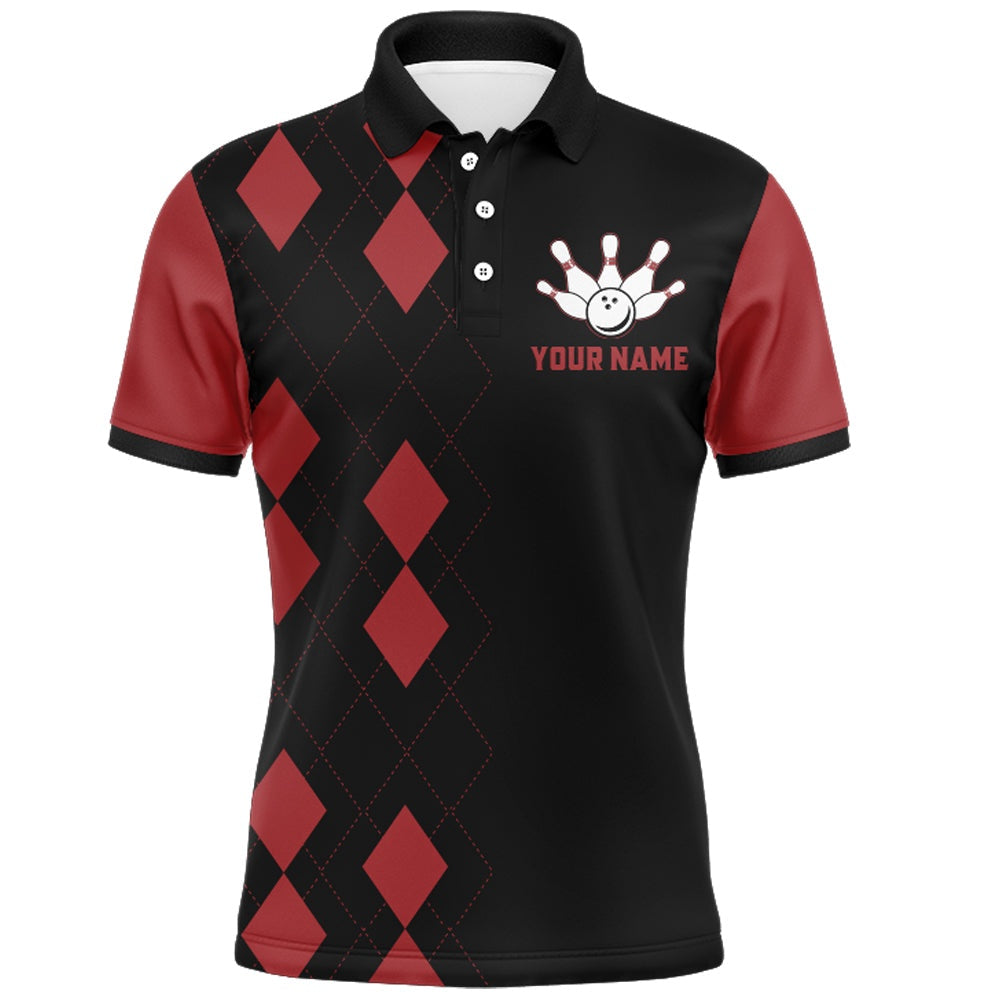 Custom Bowling Polo Shirts, Funny Bowling Shirt For Men Personalized Name Black & Red Argyle Bowler Polo Jersey