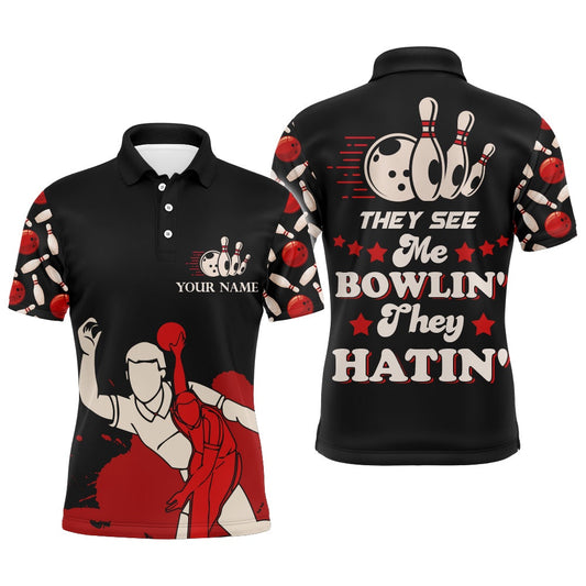 Custom Bowling Polo Shirts, Funny Bowling Shirt For Men Personalized Name They See Me Bowlin' They Hatin' Bowler Polo Jersey