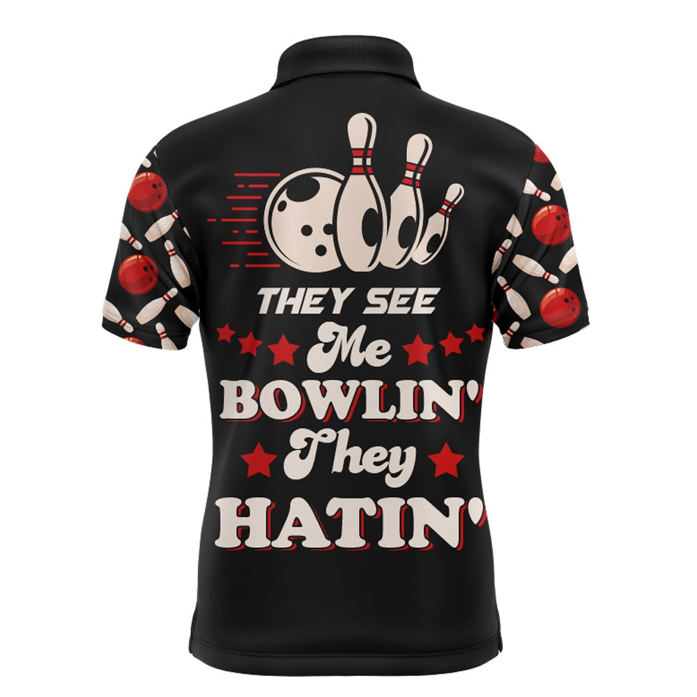 Custom Bowling Polo Shirts, Funny Bowling Shirt For Men Personalized Name They See Me Bowlin' They Hatin' Bowler Polo Jersey