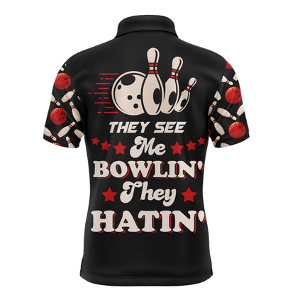 Custom Bowling Polo Shirts, Funny Bowling Shirt For Men Personalized Name They See Me Bowlin' They Hatin' Bowler Polo Jersey