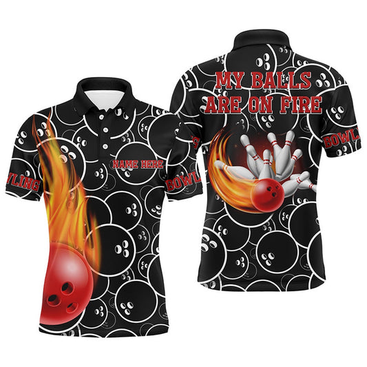 Custom Bowling Polo Shirts, Funny Flame Men Polo Bowling Shirt, My Balls Are On Fire Personalized Bowlers Jersey
