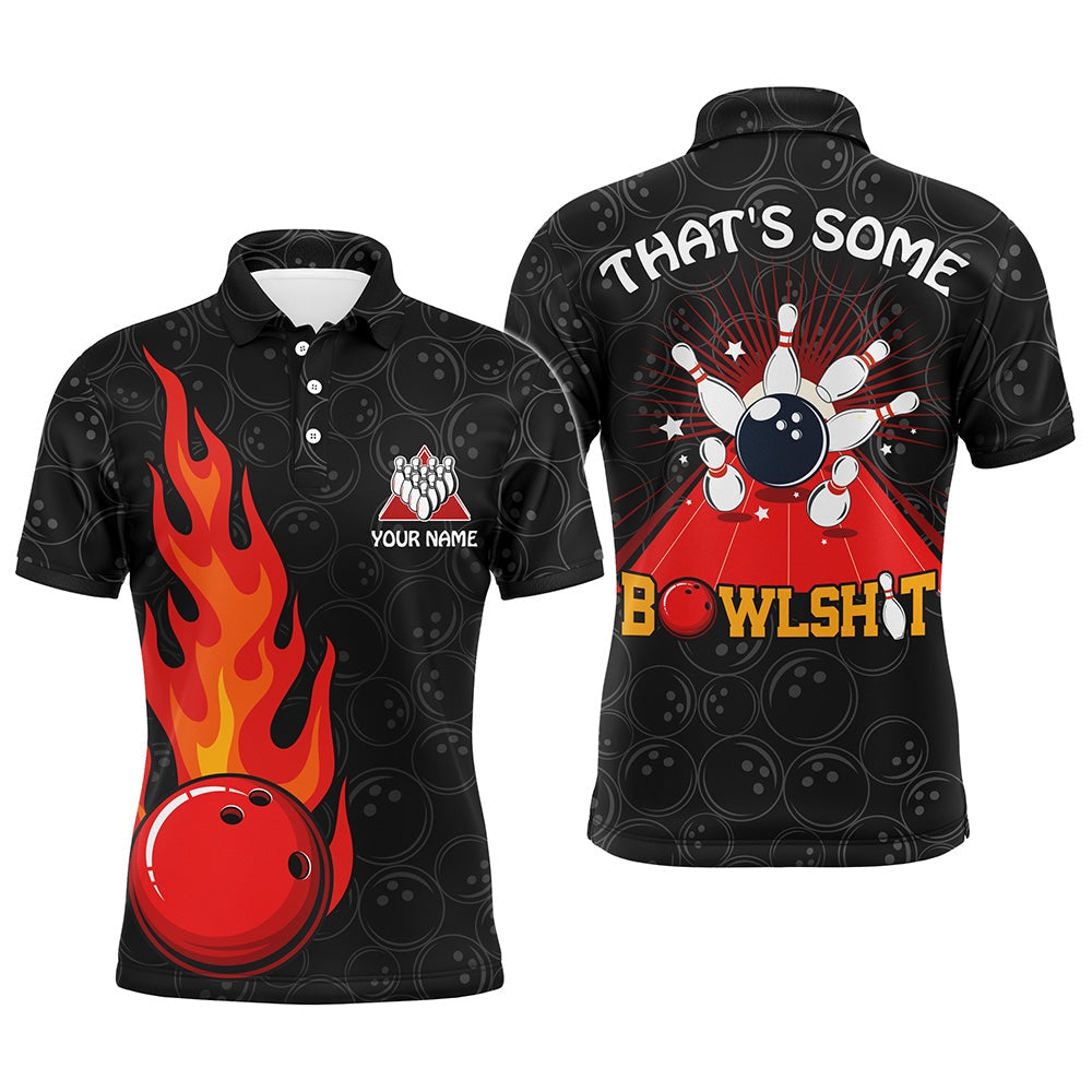 Custom Bowling Polo Shirts, Funny Flame Polo Bowling Shirt For Men, Custom Name Black Bowling Jersey Cool Bowlers Shirt