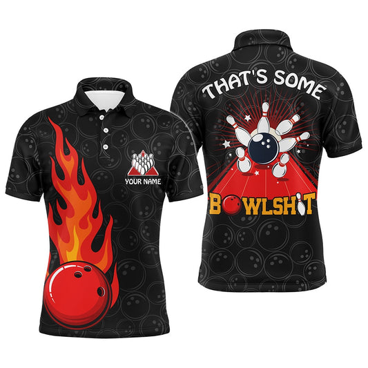 Custom Bowling Polo Shirts, Funny Flame Polo Bowling Shirt For Men, Custom Name Black Bowling Jersey Cool Bowlers Shirt