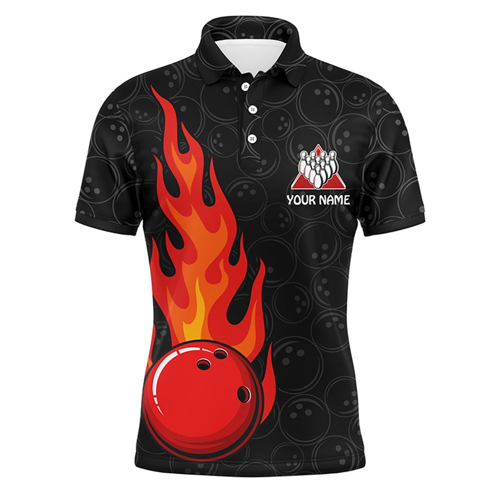 Custom Bowling Polo Shirts, Funny Flame Polo Bowling Shirt For Men, Custom Name Black Bowling Jersey Cool Bowlers Shirt