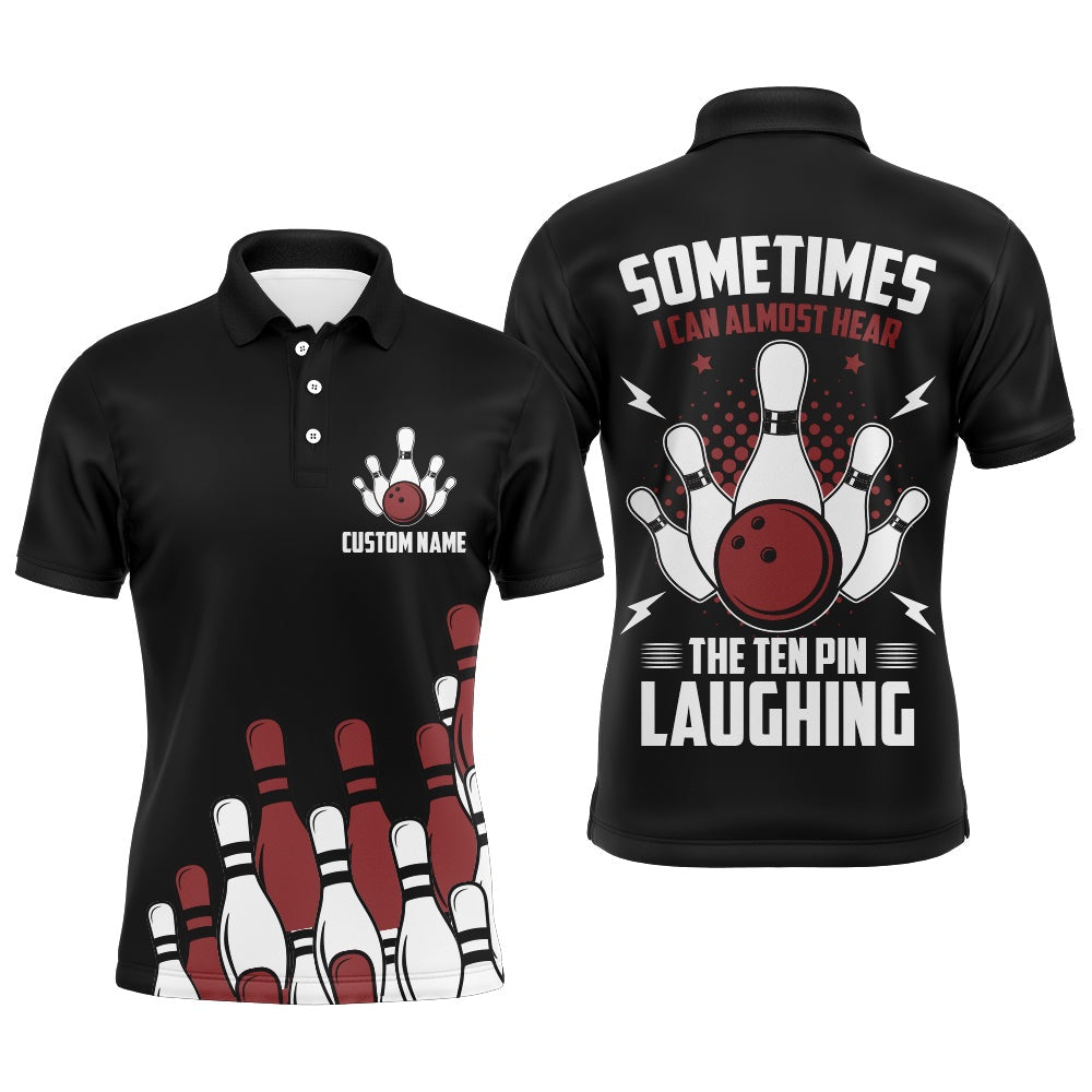 Custom Bowling Polo Shirts, Funny Flame Polo Bowling Shirt For Men, Custom Name Black Bowling Jersey Ten Pin Laughing