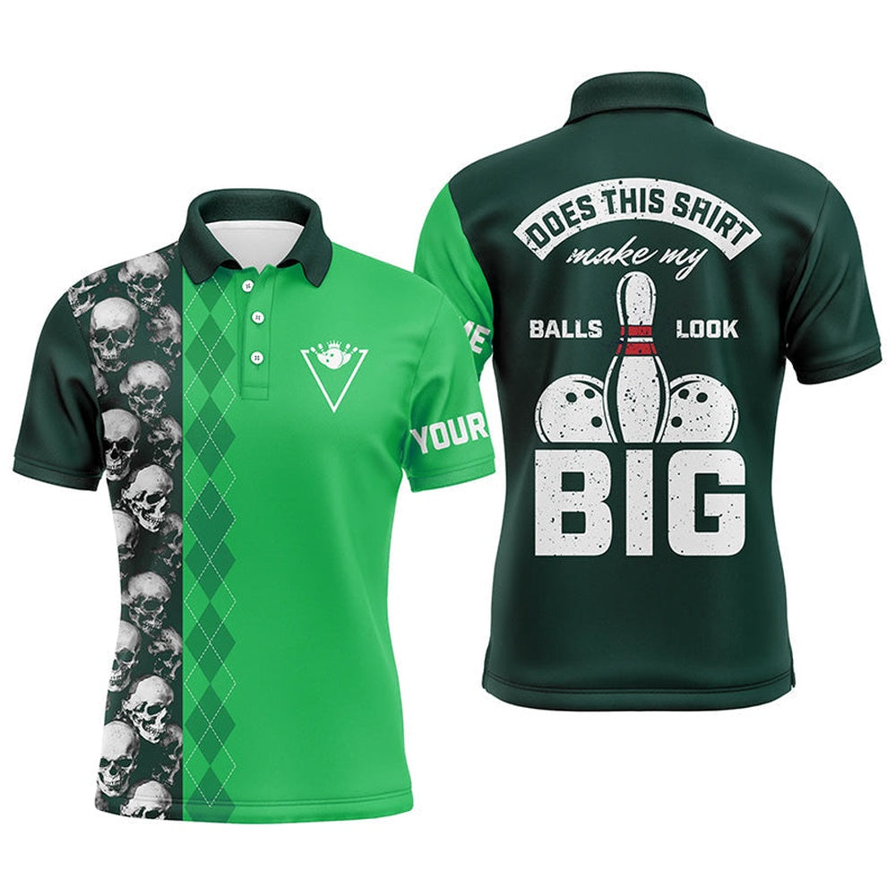 Custom Bowling Polo Shirts, Funny Green Skull Bowling Polo Shirt For Men Custom Name Does This Shirt Make My Balls Look Big