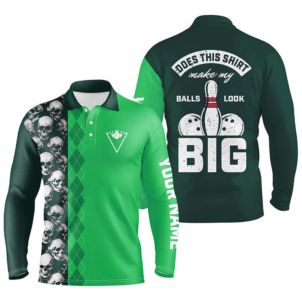 Custom Bowling Polo Shirts, Funny Green Skull Bowling Polo Shirt For Men Custom Name Does This Shirt Make My Balls Look Big