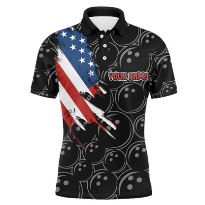 Custom Bowling Polo Shirts, Funny Men Bowling Shirt Personalized Polo Short Sleeve American Flag Bowler Jersey