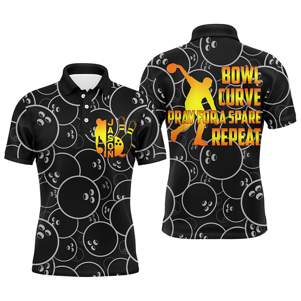 Custom Bowling Polo Shirts, Funny Men Polo Bowling Shirt, Bowl Curve Pray Repeat, Personalized Name Short Sleeves Bowlers Jersey