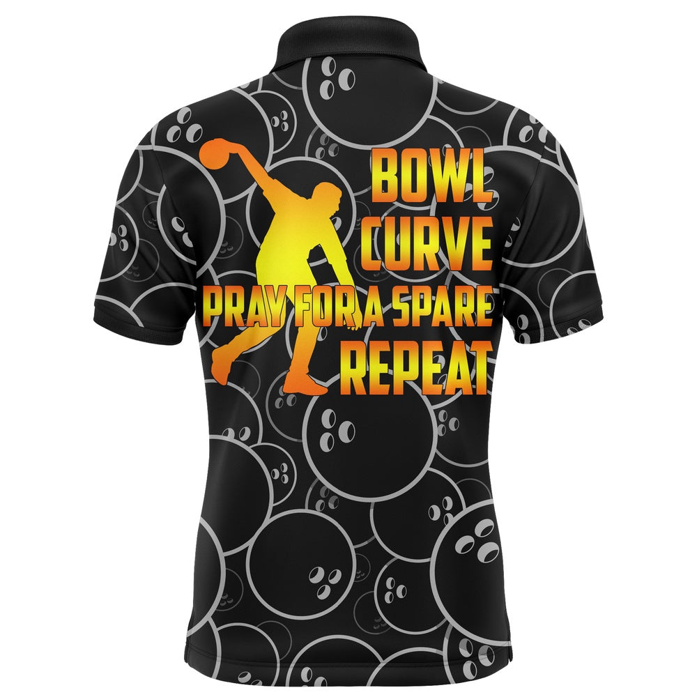 Custom Bowling Polo Shirts, Funny Men Polo Bowling Shirt, Bowl Curve Pray Repeat, Personalized Name Short Sleeves Bowlers Jersey