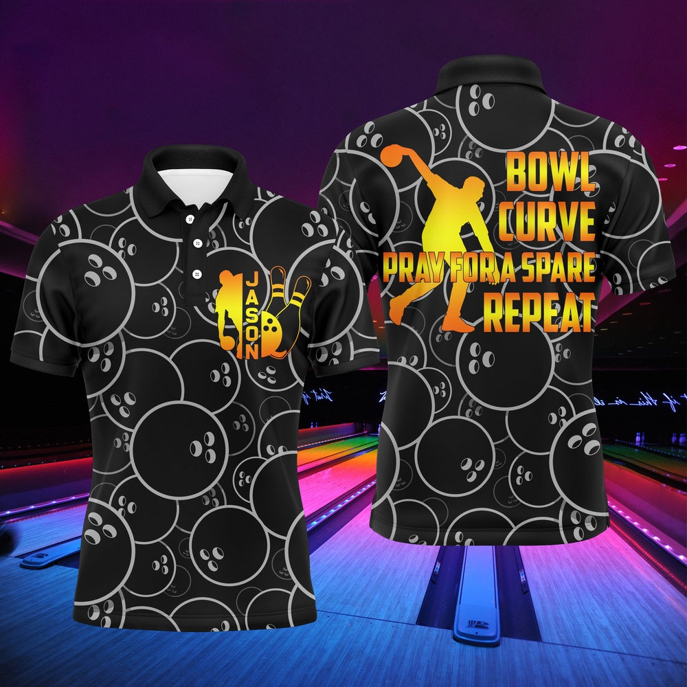 Custom Bowling Polo Shirts, Funny Men Polo Bowling Shirt, Bowl Curve Pray Repeat, Personalized Name Short Sleeves Bowlers Jersey
