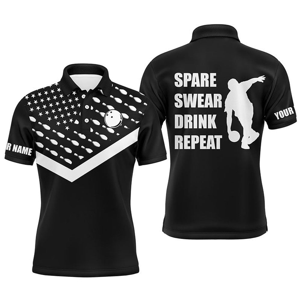Custom Bowling Polo Shirts, Funny Men Polo Bowling Shirt, Personalized American Flag Bowling Short Sleeve Bowlers Jersey