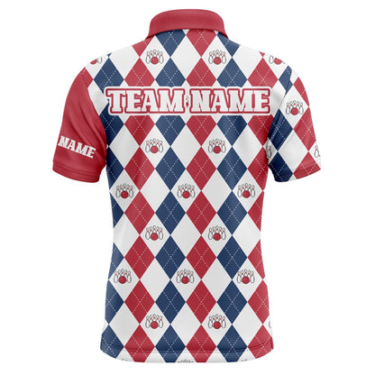 Custom Bowling Polo Shirts, Funny Men Polo Bowling Shirt, Personalized Name Argyle Bowling Pattern Bowler Team Jersey