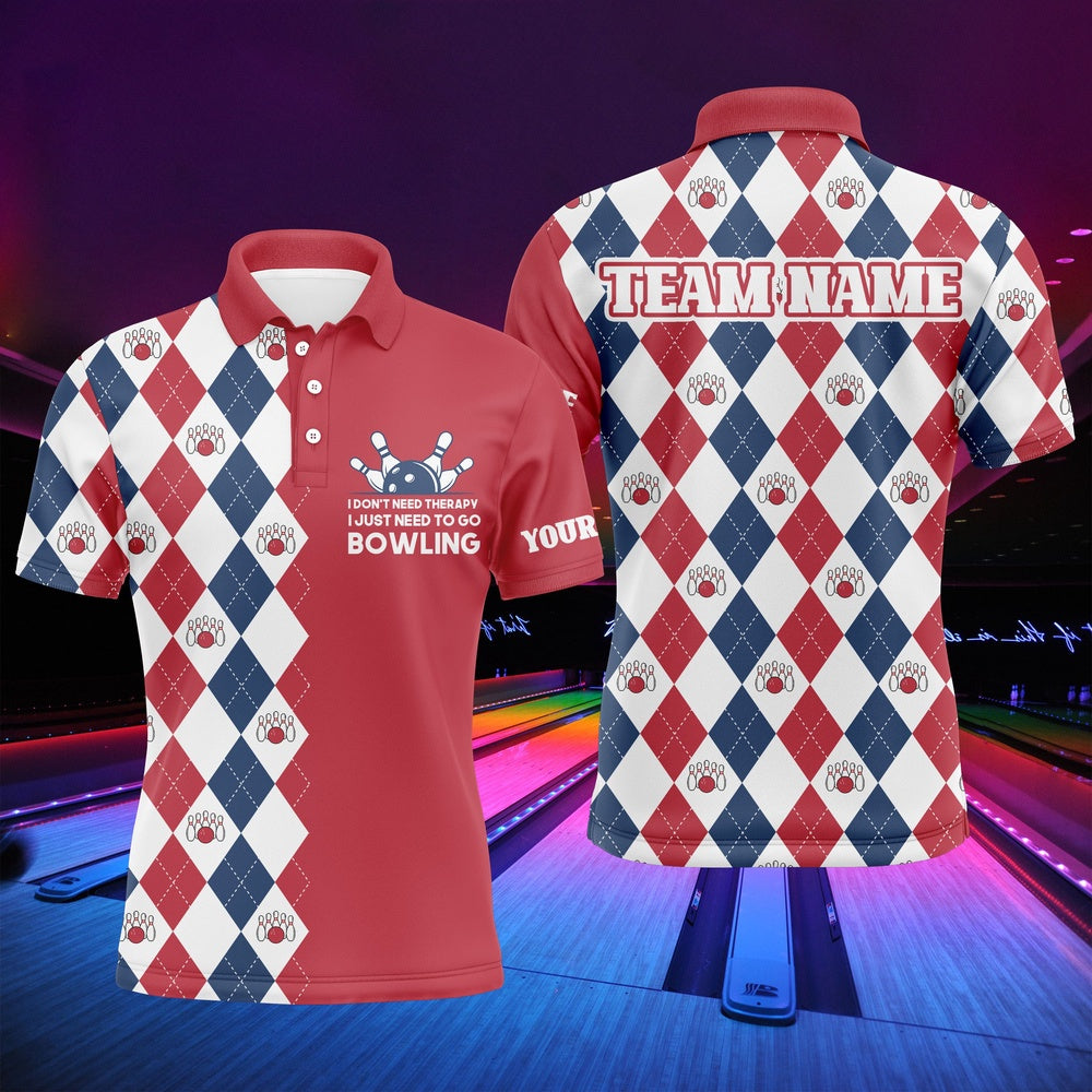 Custom Bowling Polo Shirts, Funny Men Polo Bowling Shirt, Personalized Name Argyle Bowling Pattern Bowler Team Jersey
