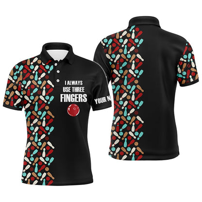Custom Bowling Polo Shirts, Funny Men Polo Bowling Shirt Personalized Short Sleeve Polo For Men Bowlers Aways Use Three Fingers