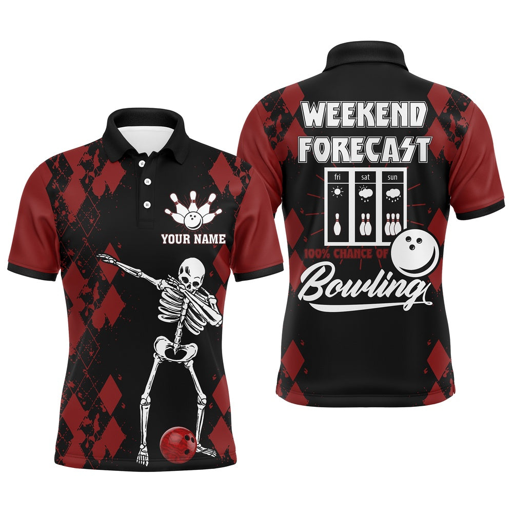 Custom Bowling Polo Shirts, Funny Men Polo Bowling Shirt, Weekend Forecast Personalized Skull Bowlers Jersey