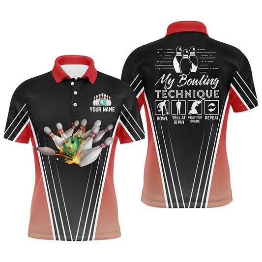 Custom Bowling Polo Shirts, Funny Men'S Bowling Polo Shirts Custom Name My Bowling Technique, Team Bowlers Jersey Red