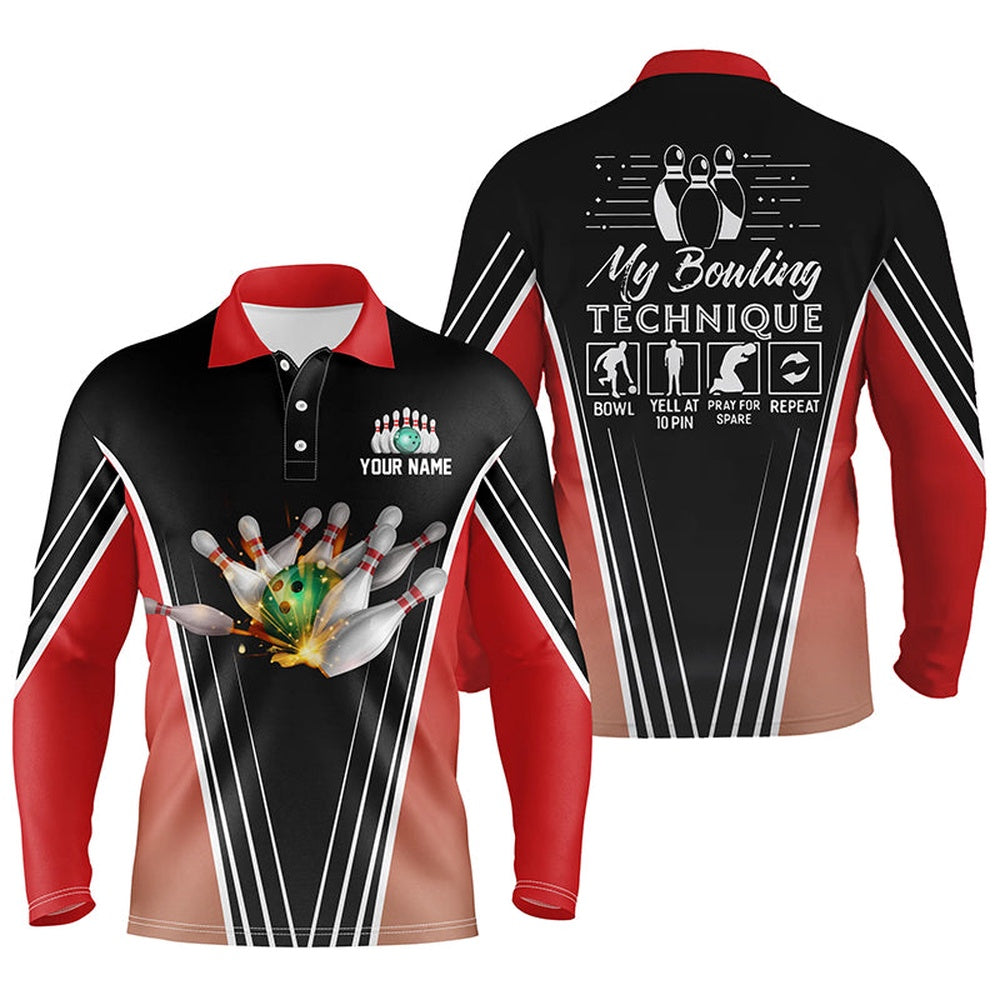Custom Bowling Polo Shirts, Funny Men'S Bowling Polo Shirts Custom Name My Bowling Technique, Team Bowlers Jersey Red