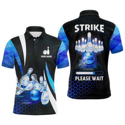 Custom Bowling Polo Shirts, Funny Mens Polo Bowling Shirt Custom Strike Loading Please Wait Team Bowling Jerseys Blue