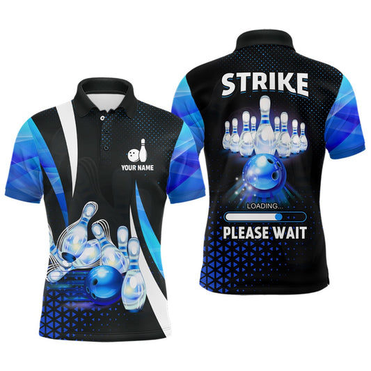 Custom Bowling Polo Shirts, Funny Mens Polo Bowling Shirt Custom Strike Loading Please Wait Team Bowling Jerseys Blue
