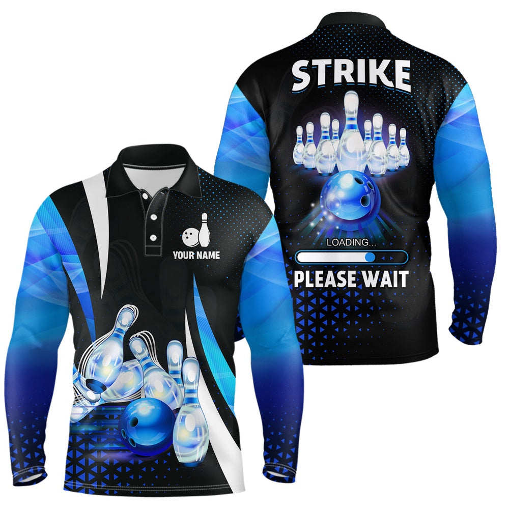 Custom Bowling Polo Shirts, Funny Mens Polo Bowling Shirt Custom Strike Loading Please Wait Team Bowling Jerseys Blue
