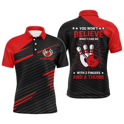 Custom Bowling Polo Shirts, Funny Polo Bowling Shirt For Men, Red & Black Custom Bowling Jersey, Fingers And A Thumb