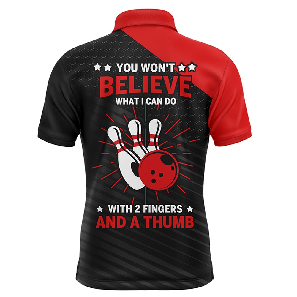 Custom Bowling Polo Shirts, Funny Polo Bowling Shirt For Men, Red & Black Custom Bowling Jersey, Fingers And A Thumb