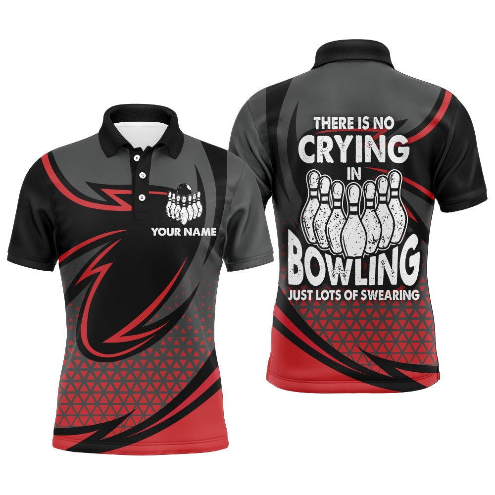 Custom Bowling Polo Shirts, Funny Polo Bowling Shirt For Men, Red & Black Custom Bowling Jersey, No Crying Lots Of Swearing
