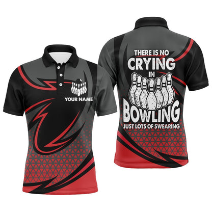 Custom Bowling Polo Shirts, Funny Polo Bowling Shirt For Men, Red & Black Custom Bowling Jersey, No Crying Lots Of Swearing