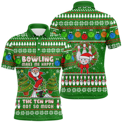 Custom Bowling Polo Shirts, Funny Ugly Christmas Santa Bowler Men Bowling Polo Shirt Bowling Make Me Happy The Ten Pin Not So Much