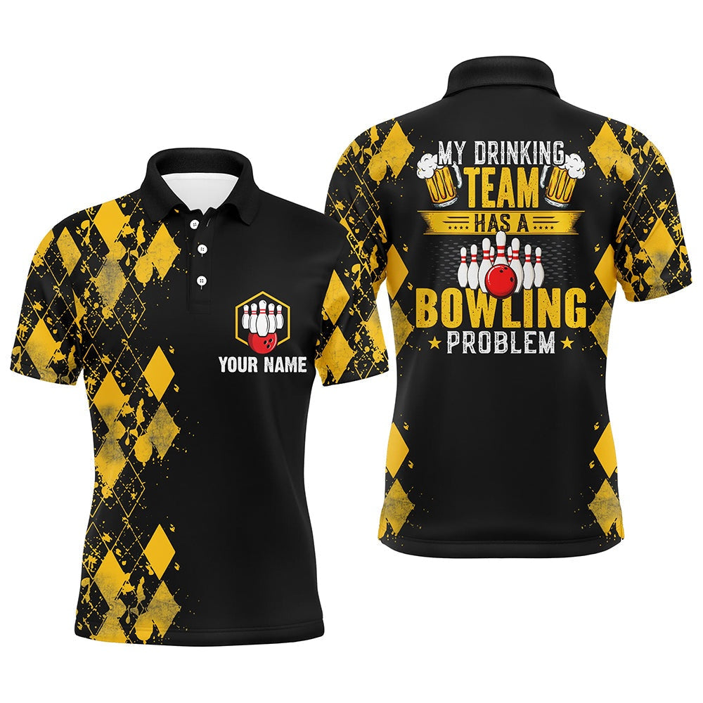 Custom Bowling Polo Shirts, Funny Yellow Argyle Bowling Beer Polo Shirts For Men Custom My Drinking Team Has A Bowling Problem
