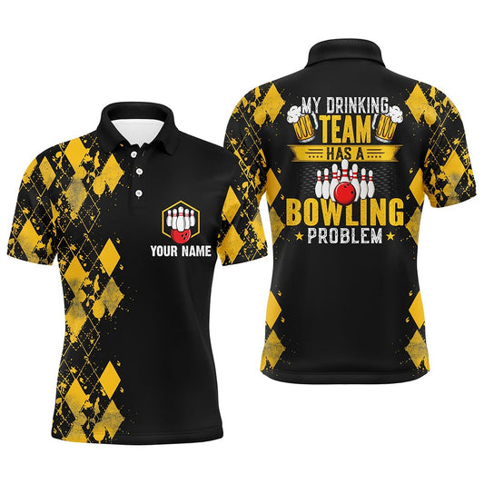 Custom Bowling Polo Shirts, Funny Yellow Argyle Bowling Beer Polo Shirts For Men Custom My Drinking Team Has A Bowling Problem