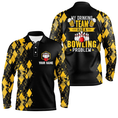 Custom Bowling Polo Shirts, Funny Yellow Argyle Bowling Beer Polo Shirts For Men Custom My Drinking Team Has A Bowling Problem