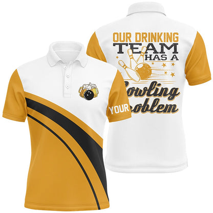 Custom Bowling Polo Shirts, Funny Yellow Retro Bowling Beer Polo Shirts For Men Custom My Drinking Team Has A Bowling Problem