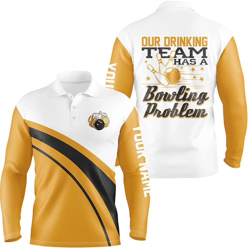 Custom Bowling Polo Shirts, Funny Yellow Retro Bowling Beer Polo Shirts For Men Custom My Drinking Team Has A Bowling Problem