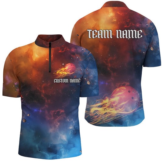 Custom Bowling Polo Shirts, Galaxy Bowling Shirts For Men And Women, Custom Name Flame Bowling Ball Team Jerseys