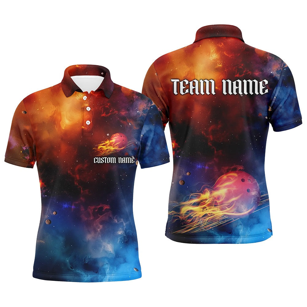 Custom Bowling Polo Shirts, Galaxy Bowling Shirts For Men And Women, Custom Name Flame Bowling Ball Team Jerseys