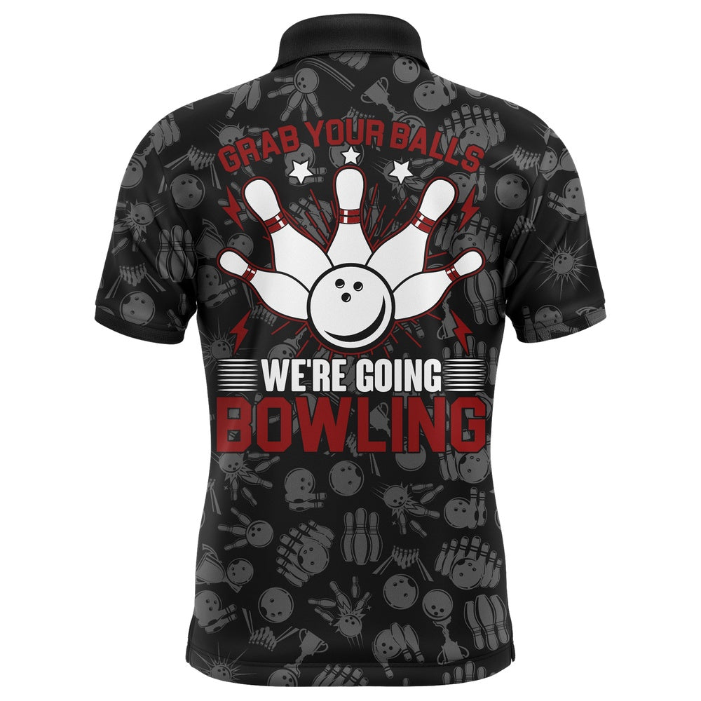 Custom Bowling Polo Shirts, Grab Your Balls Funny Men Polo Bowling Shirt, Personalized Short Sleeves Bowlers Jersey