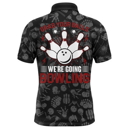 Custom Bowling Polo Shirts, Grab Your Balls Funny Men Polo Bowling Shirt, Personalized Short Sleeves Bowlers Jersey