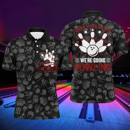 Custom Bowling Polo Shirts, Grab Your Balls Funny Men Polo Bowling Shirt, Personalized Short Sleeves Bowlers Jersey