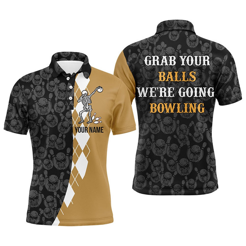 Custom Bowling Polo Shirts, Grab Your Balls Funny Men Polo Bowling Shirt Personalized Skull Bowlers Jersey Short Sleeve